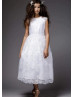 Cap Sleeves Lace Tulle Tea Length Flower Girl Dress